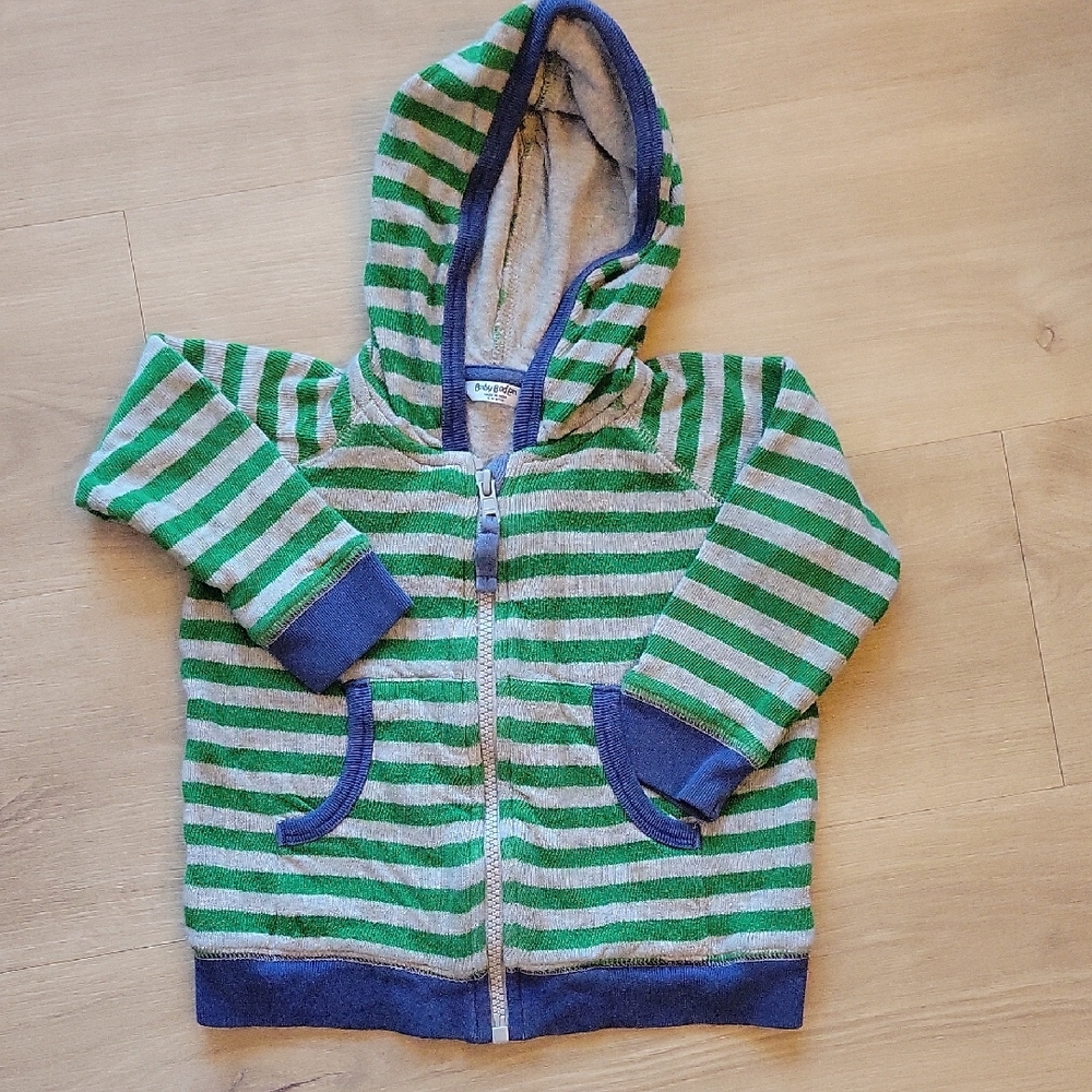 Baby Boden Green and Blue Striped Sweater with Hood. 12-18 Mos